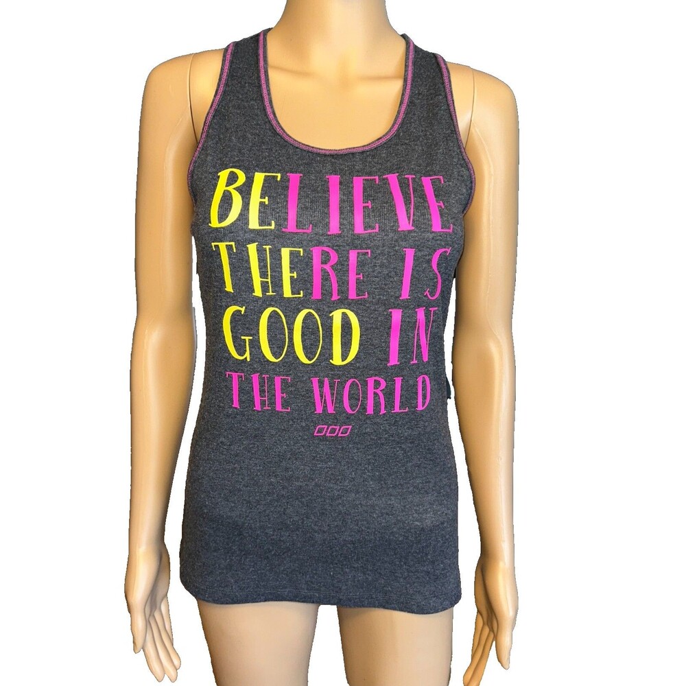 Lorna Jane Believe There is Good in the World Racerback Tank Top Small Gray D55